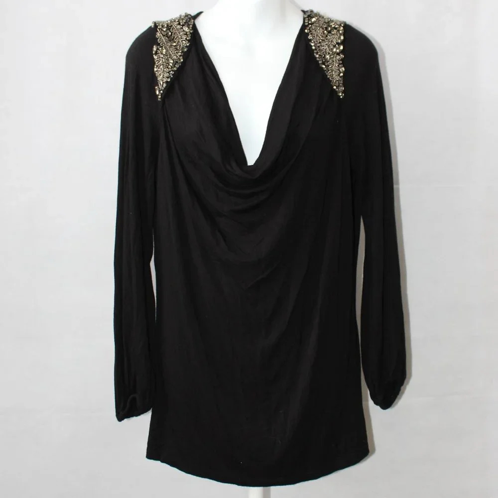 Karen Kane Women's Black Long Sleeve Beaded Shoulder Blouse Size Large